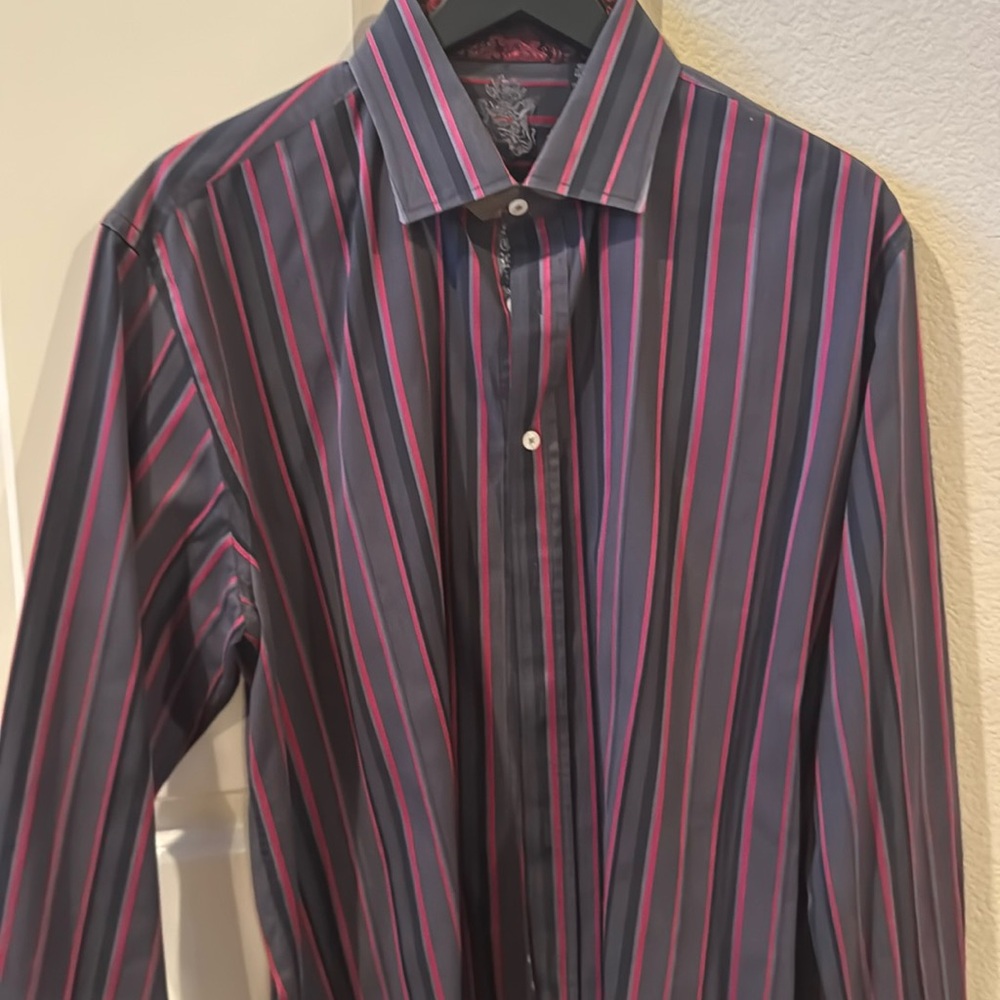 Striped button down shirt.